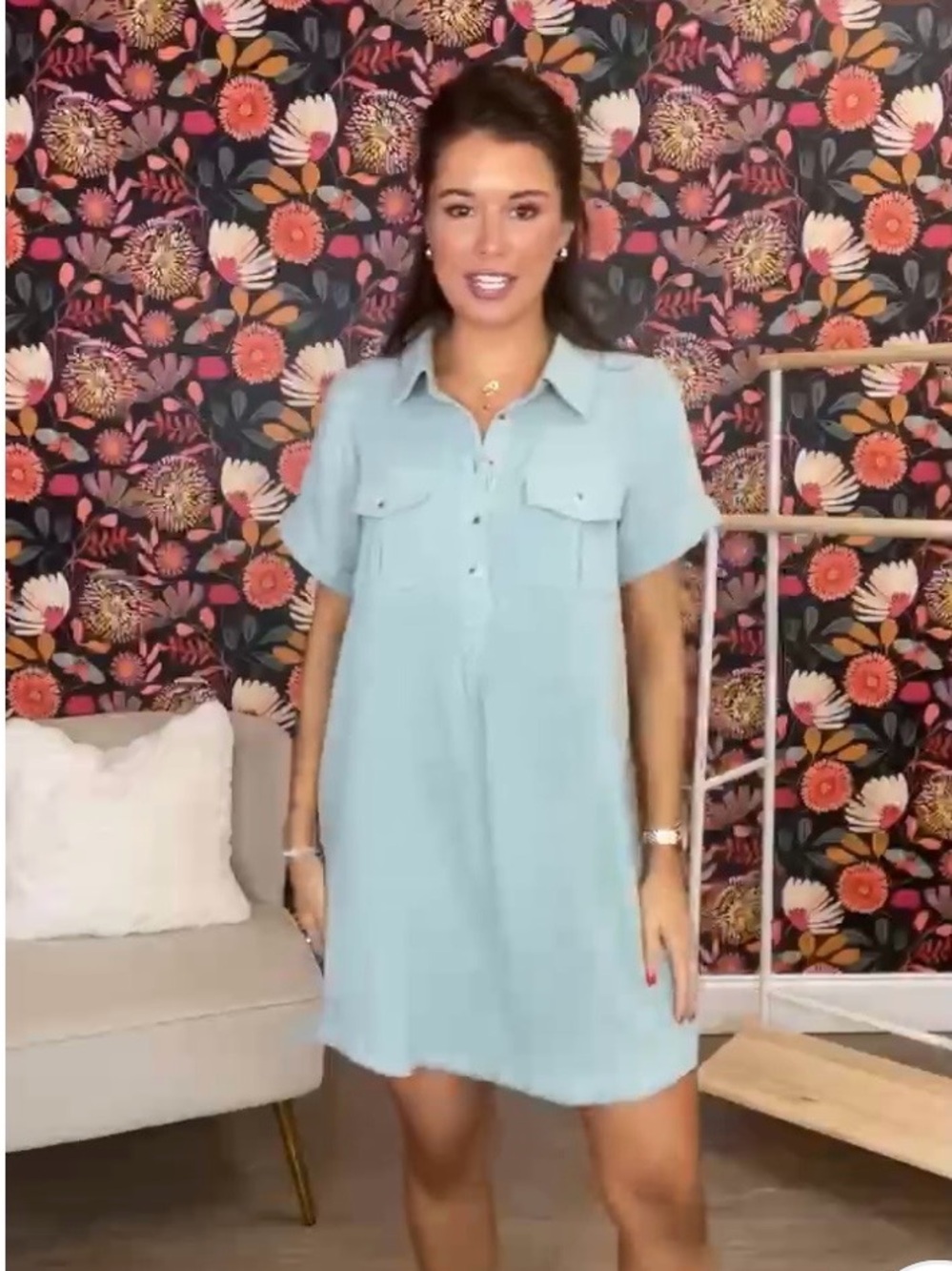 Cotton Gauze button up light blue green Short Sleeve Shift Dress - NWT